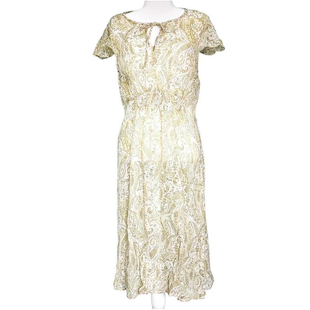Lucky Brand Yellow Paisley Boho Midi Dress Size L Short Flutter Sleeves